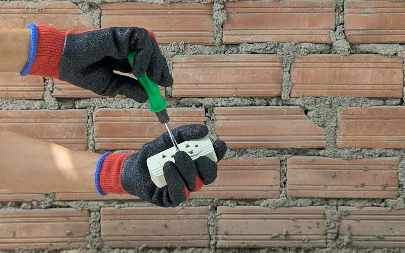Manos con guantes aislantes usando un destornillador